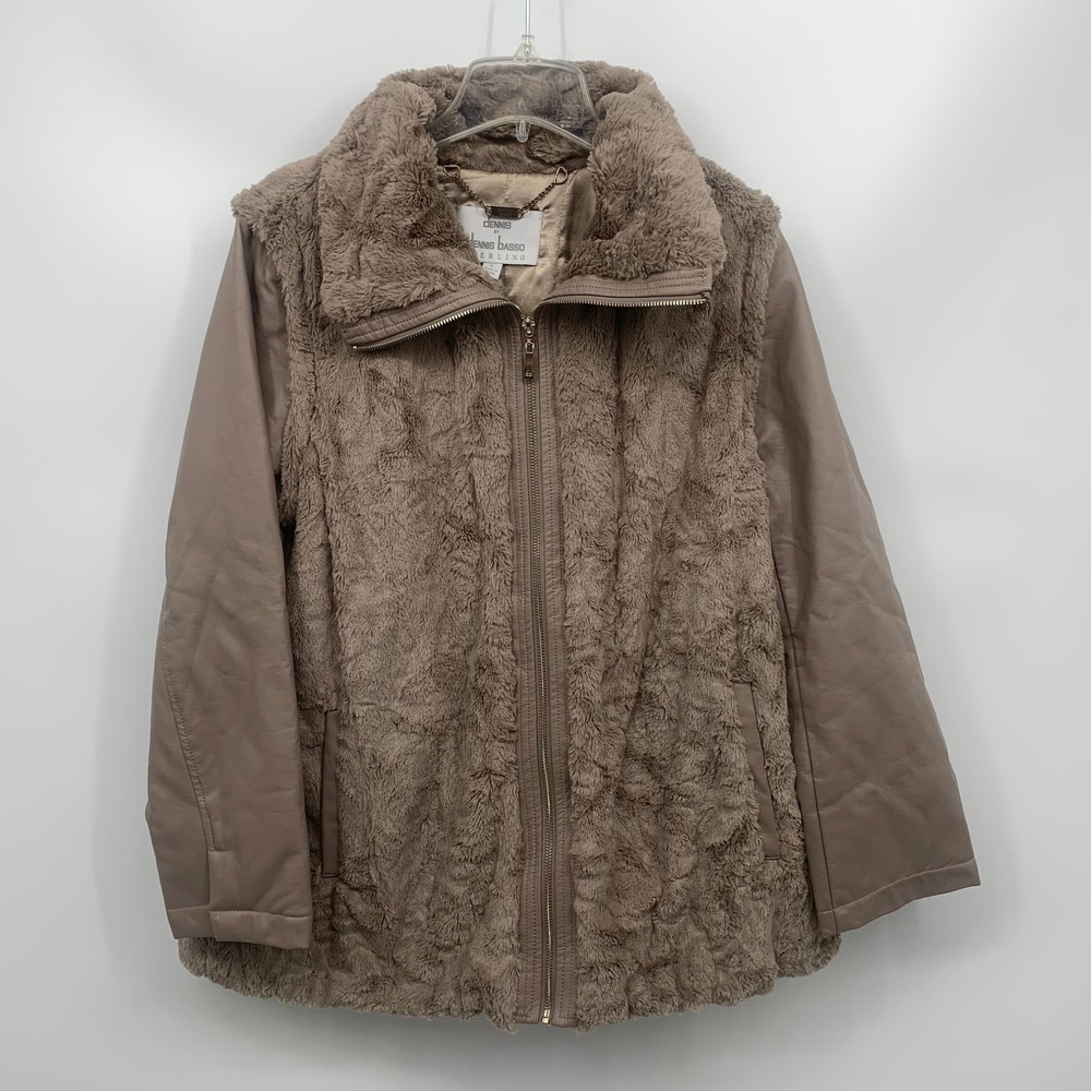 Dennis Basso Sterling Faux Fur Jacket Faux Leather Sleeves Taupe Brown L Coat